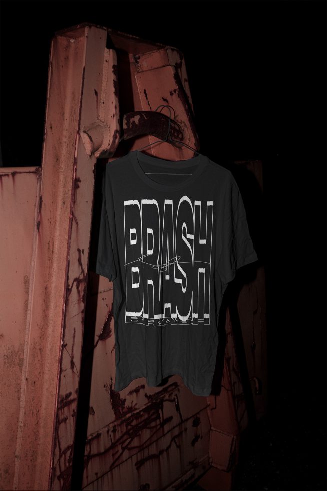 Urban t-shirt mockup hanging on rusty metal background, edgy streetwear design display, grunge fashion template for designers.